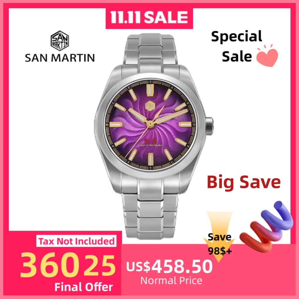 

San Martin 39mm Year Of The Snake Guilloche Dial 90S5 Mechanical Watch Transparent Case Back Sapphire BGW-X1 Luminous SN0144GX-6
