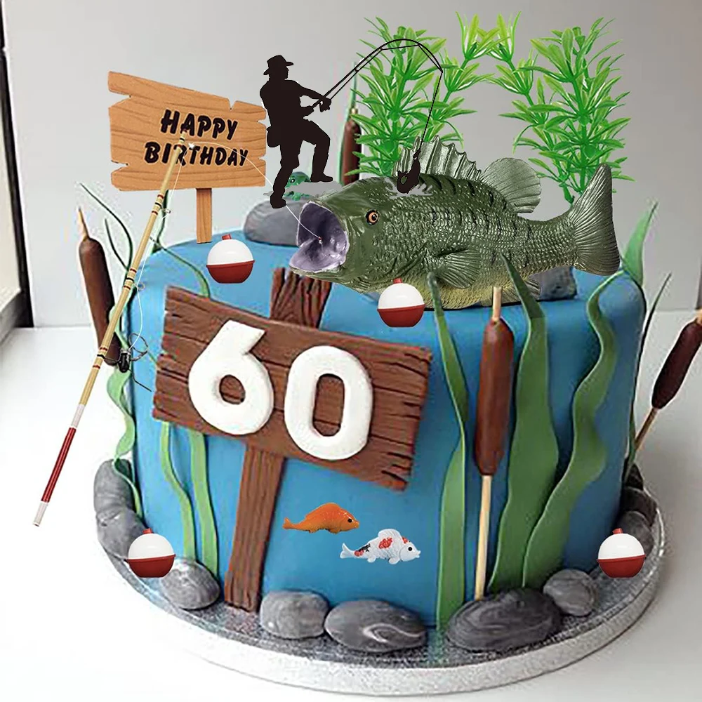 Fishing Cake Topper Gone fishing Cake with Bass Reed Happy Birthday Sign Gone Fishing Cake Decor Fishing Themed Party Supplies