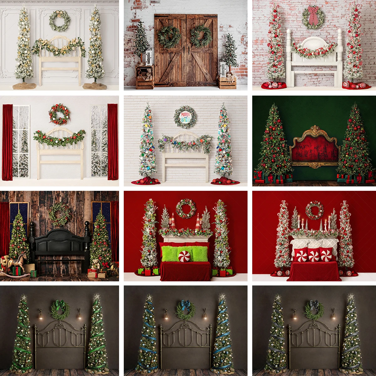 Christmas Headboard Backdrops Xmas Trees Wreath Fireplace Decor Background For Kids Baby Portrait Photography Photostudio Props