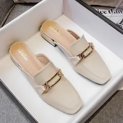 Female Shoes Low Slippers Casual Loafers Cover Toe Slides Mules For Women 2024 Rivet New Luxury Rubber Flat Bonded Leather Micro