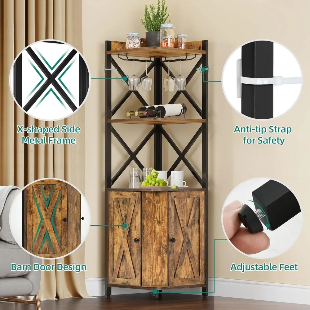 Industrial Style Corner Bar Cabinet with Glass and Wine Storage, 5-Tier Liquor Shelf for Home