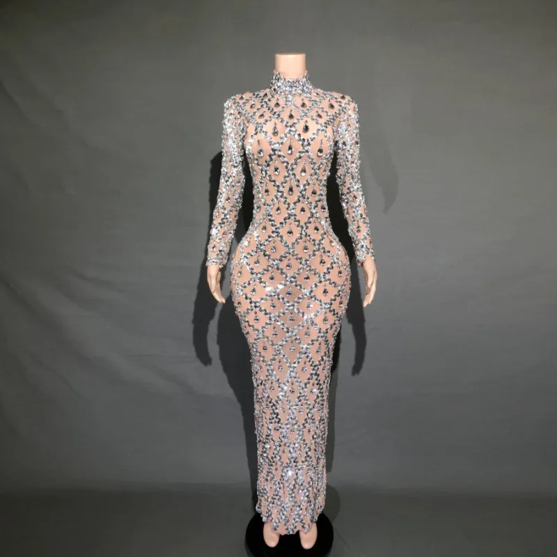 Woman Glitter Rhinestone Dresses Evening Party Dress Long Sleeve Sexy Shiny Diamonds Nightclub Spice Rhinestone Outfits Handmade