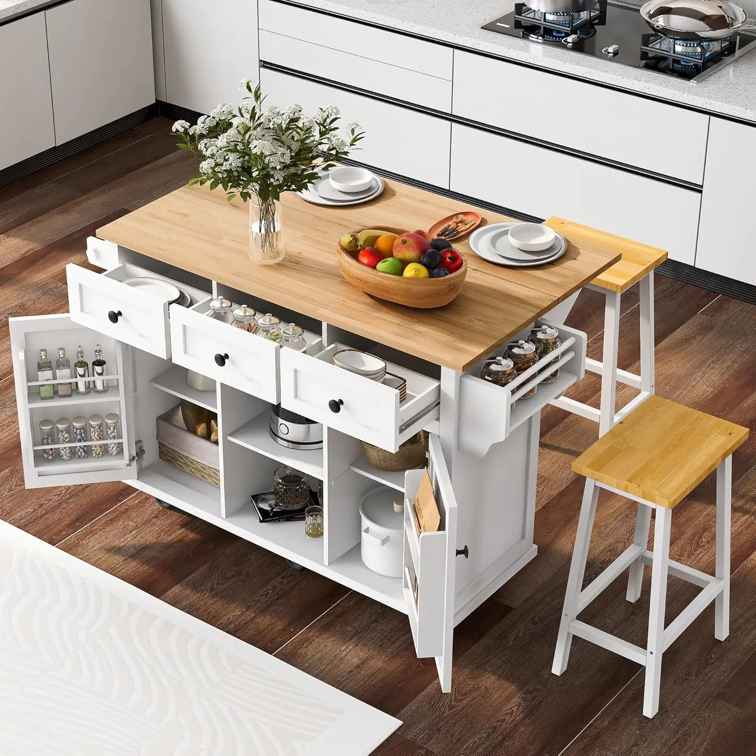 

Rolling Kitchen Island with 2 Bar Stools, Drop Leaf, Cabinet Door Storage Racks & 3 Drawers, Mobile Kitchen Cart, Customized