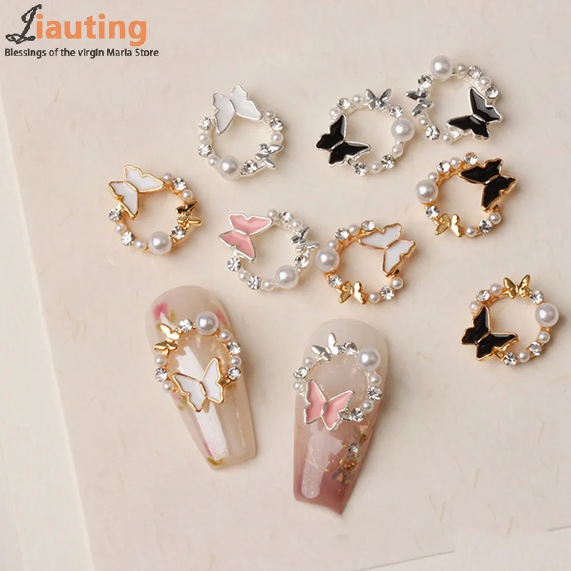 5PCS Butterfly Pearl Nail Oil Drop Alloy Jewelry Love Flower Wreath Nail Decoration Nail Salon DIY Accessories Manicure Drill