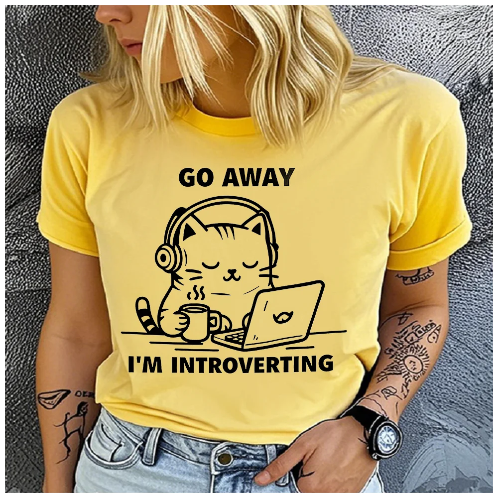 Cotton Go Away I'm Introverting Print Women T Shirt Cute Cat Headphone Laptop Graphic Casual Short Sleeve Ladies Yellow Tee