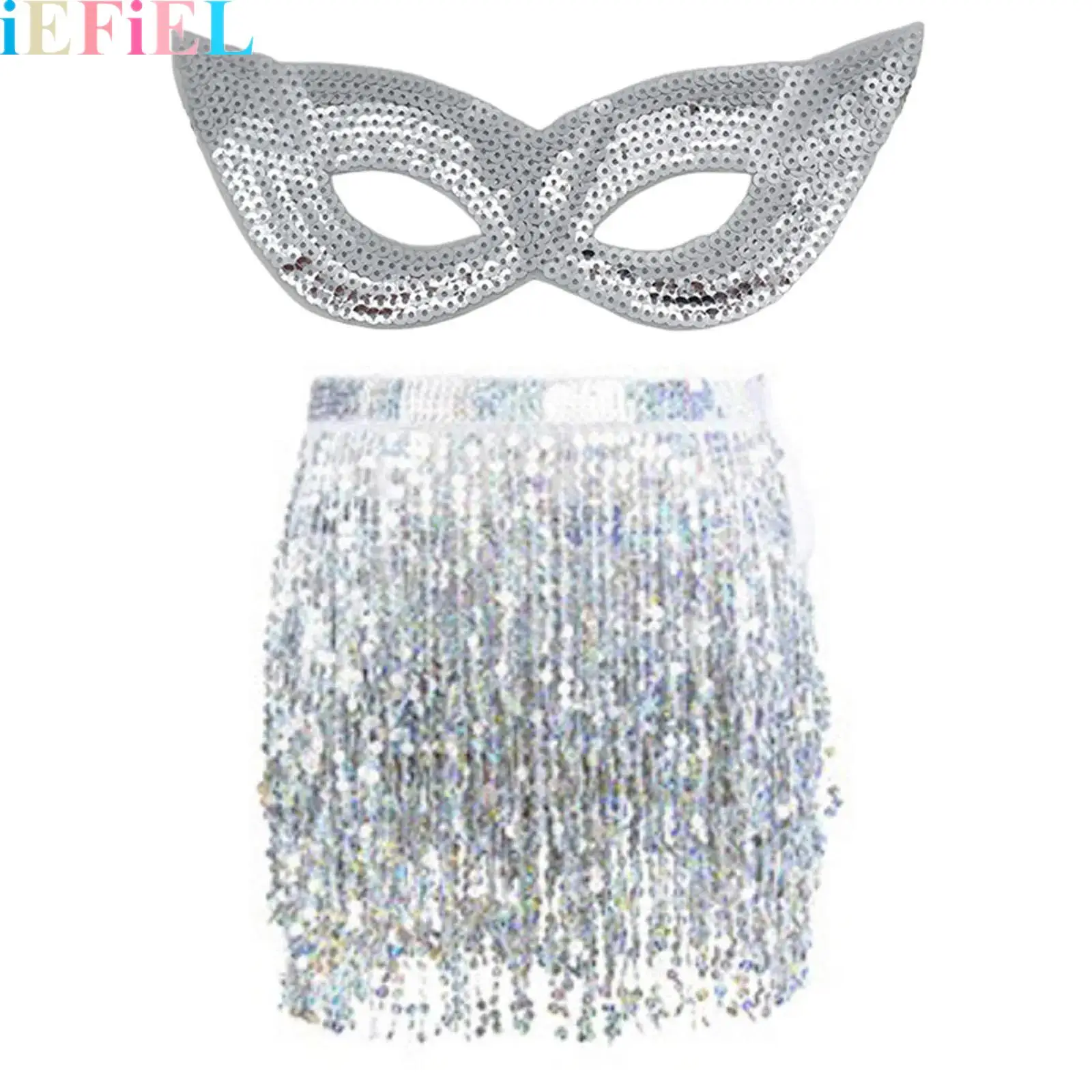 

Women Sequin Belly Dance Costumes Set Tassel Belly-dance Waist Chain And Sequin Mask for Masquerade Party