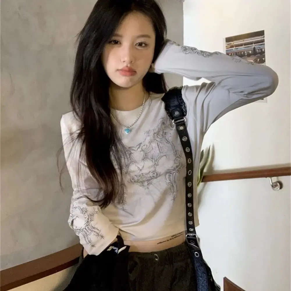 Y2K Vintage Print Crop Tops Women Long Sleeve Slim Fit T Shirt Streetwear Casual Grunge Fairy Core Tees Aesthetic Clothes 2026
