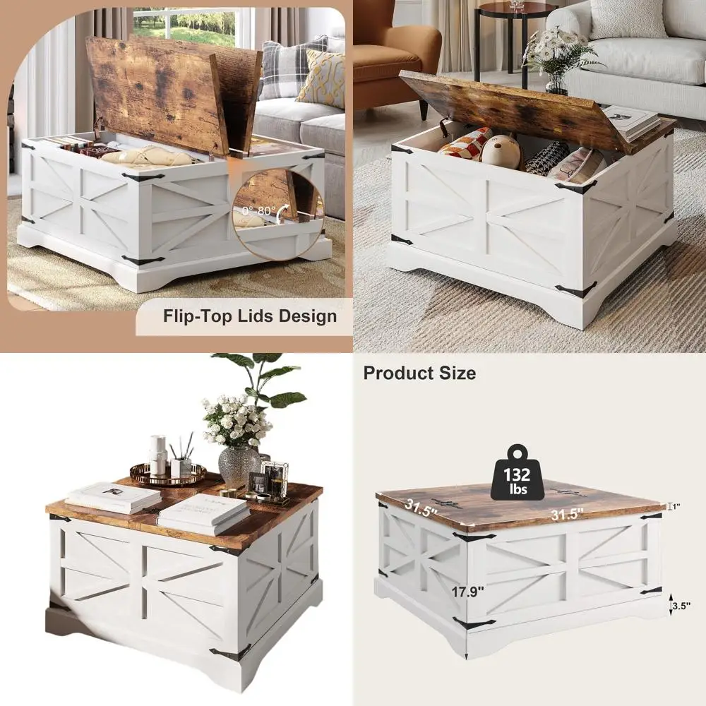 

Белый квадратный журнальный столик в деревенском стиле с местом для хранения вещей и подъемным верхом для гостиной