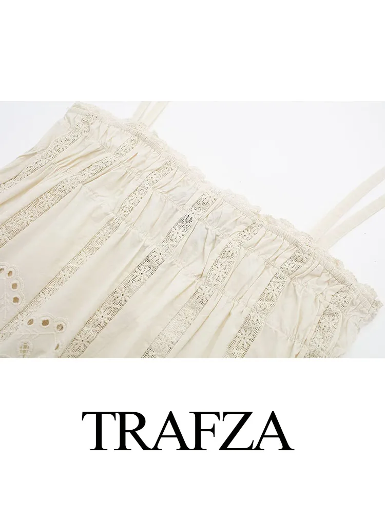 TRAFZA Summer Women 2 Piece Set Chic Embroidered Hollow Folds Decorate Slip Top+Solid Elastic Waist Slim Shorts Streetwear TRAF