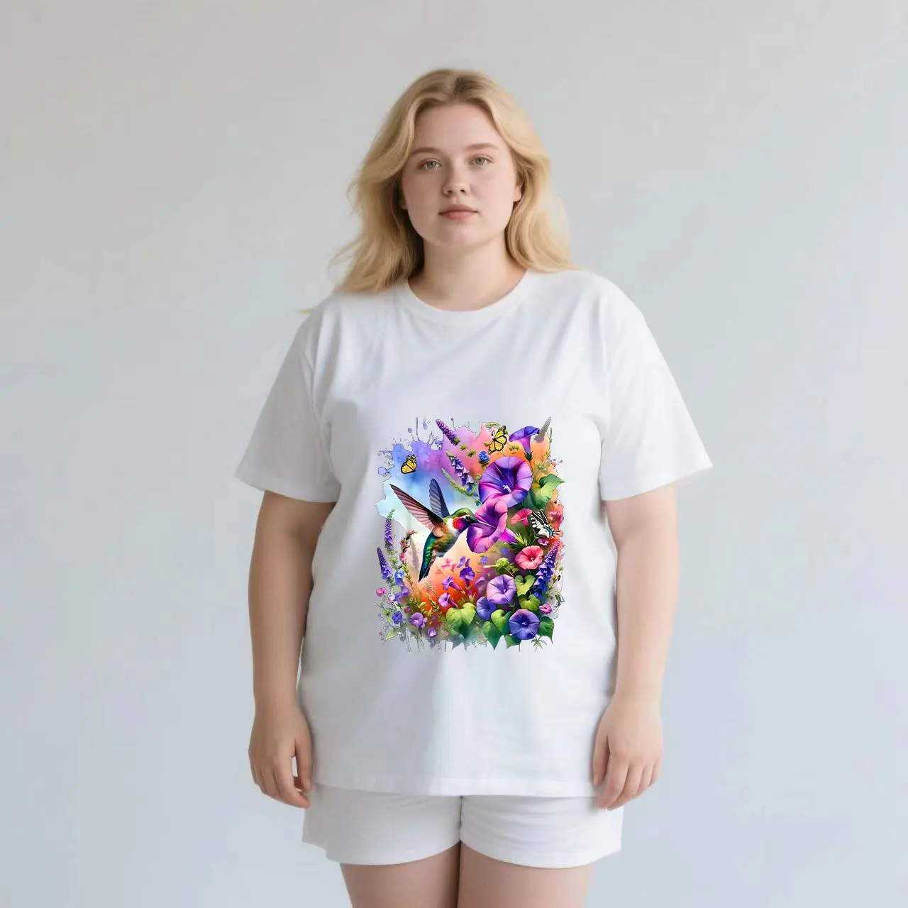 

Cartoon pattern printing plus size Ladies' casual short sleeved T-shirt white