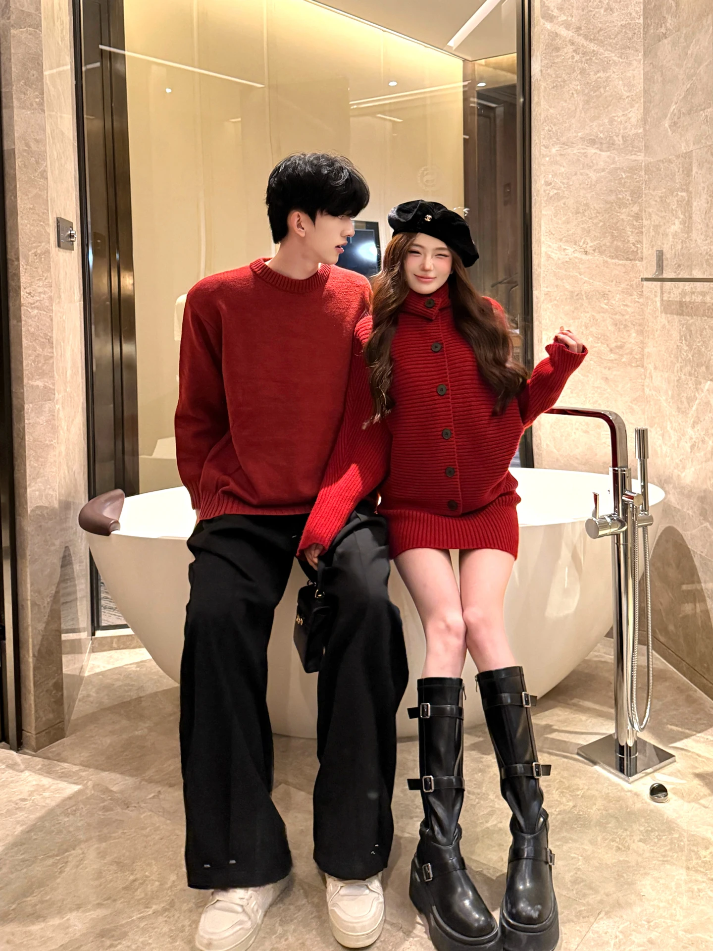 Red Knitted Sweater High Collar Wrap Body Short Skirt Couple Matching Winter Engagement Party Outfit Warm Comfortable Casual ...