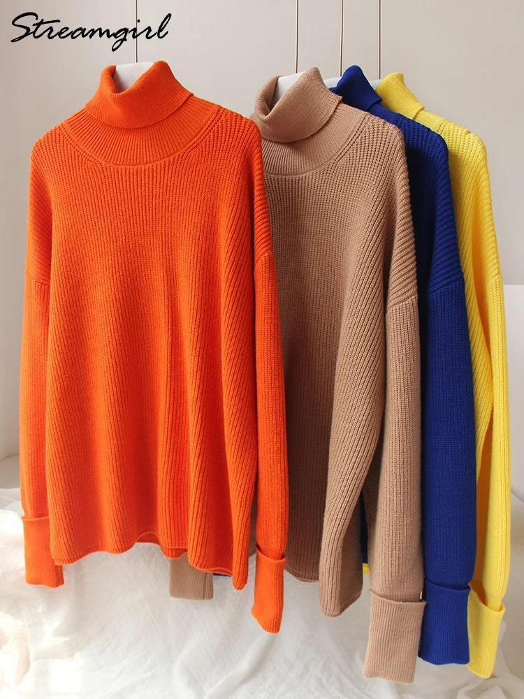 Women Winter Turtleneck Sweater Oversized Loose Pullover Womens Blue Sweaters 2022 Orange Sweater Women Turtleneck Oversize Top