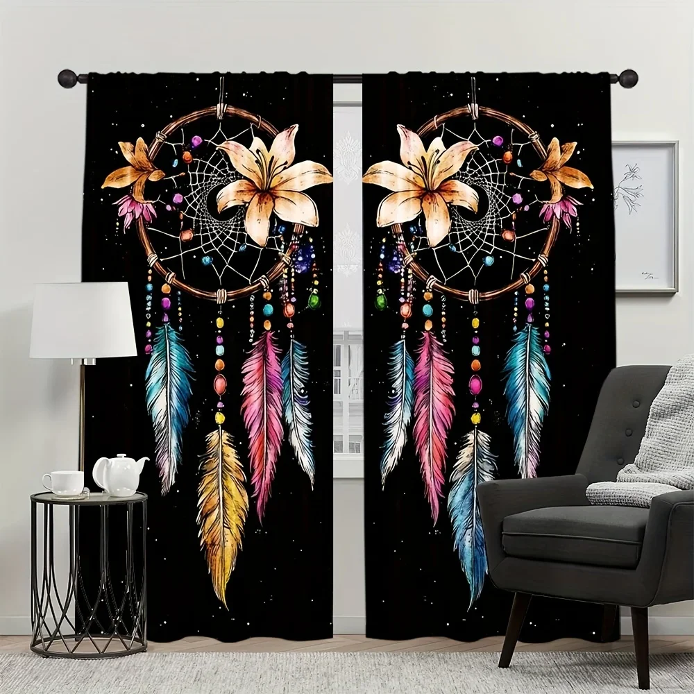

Bohemian style wind chime pattern Print Drapes Room Darkening Window Curtains Home Decor,Rod Pocket Blackout Curtains Bedroom