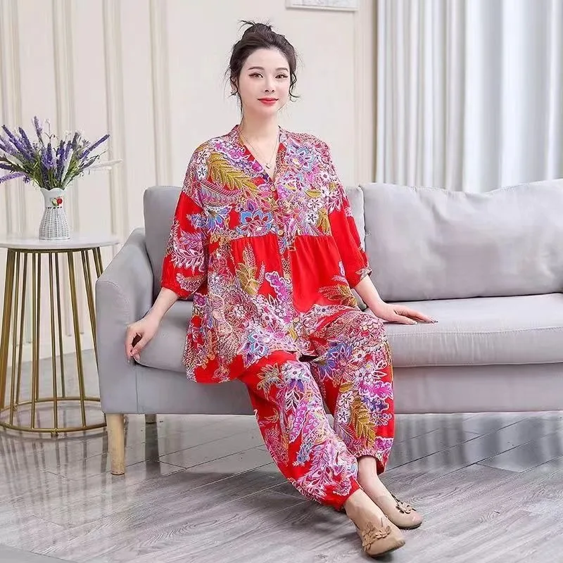 Pajamas Woman Cardigan Puff Sleeve Black Flower Long Sleeve Korean Version Thin Home Set Can Be Worn Outside