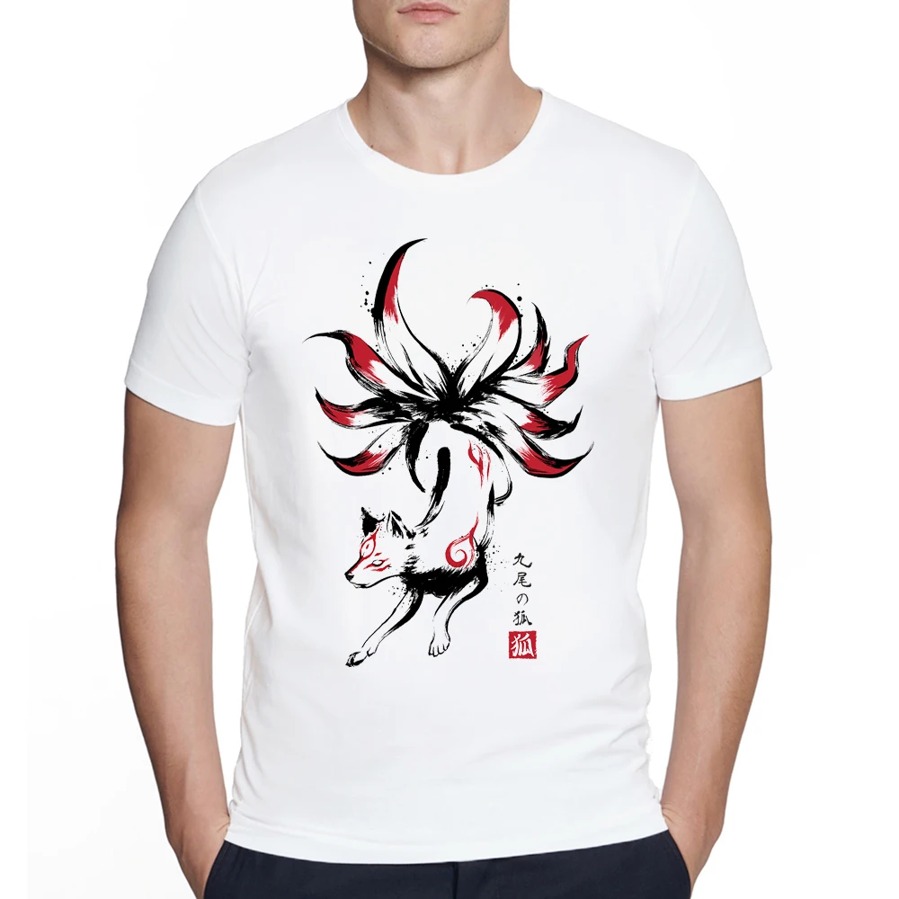 Hot Sales Hipster Fox Design Men T-Shirt Japanese anime Nine Tailed Fox Kyūbi no kitsune sumi-e Print Tshirts Tops Tee