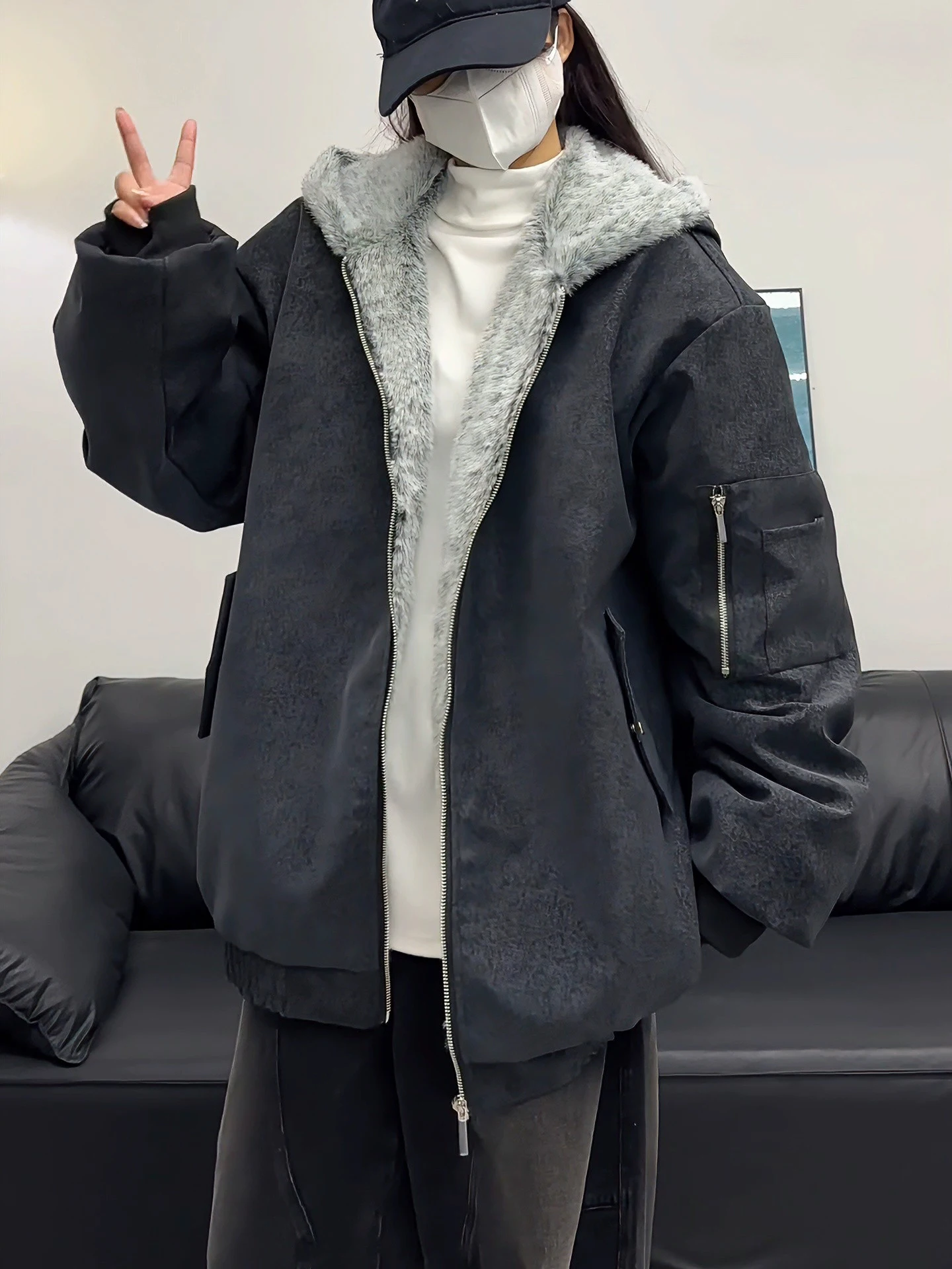 American Dyed PU Leather Workwear Jacket Men's Winter Fleece Lined Thickened Short Cotton Coat with Hood Youth Fashion