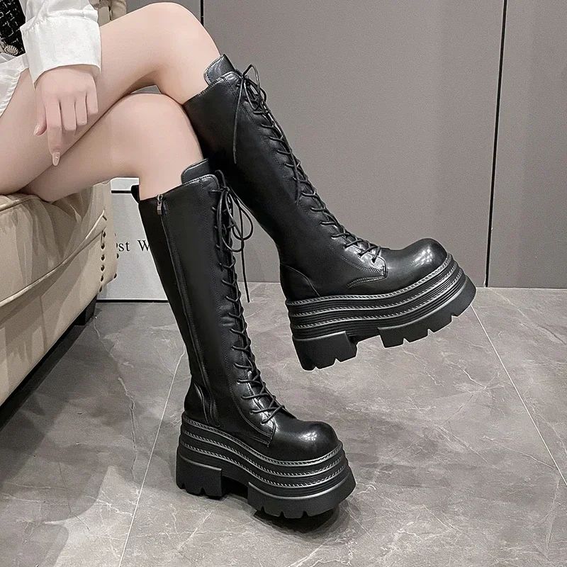 10CM New Women's Roman Long Boots Autumn Winter Knee-high Leather Punk Shoes Chunky Platform Casual Knight Boots Botas Mujer - view 4