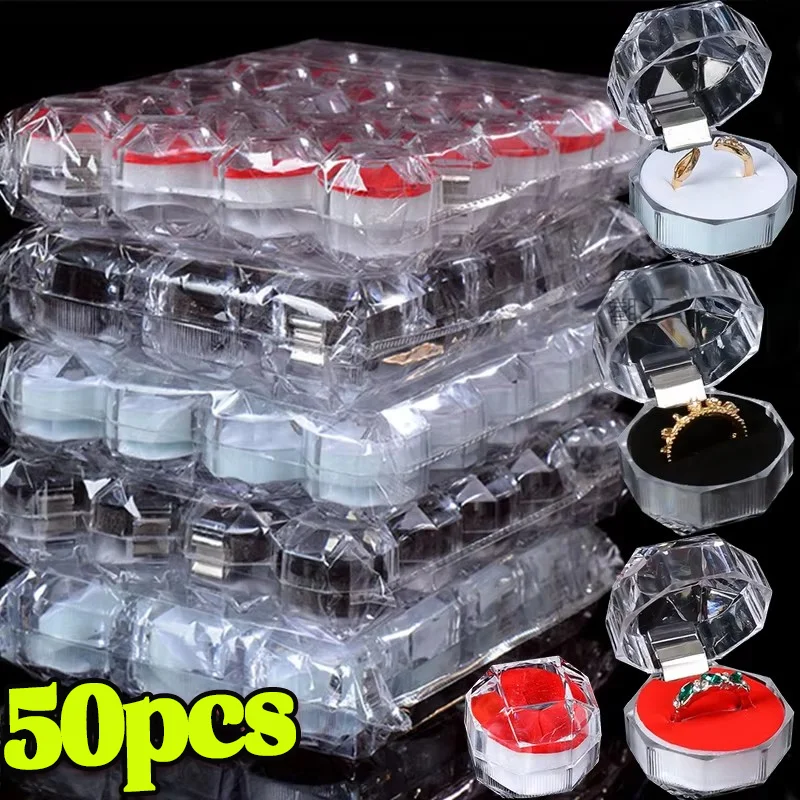 1-50pcs Crystal Acrylic Ring Box Portable Diamond Shaped Earrings Display Case Transparent Caskets Valentine's Day Gift Boxes