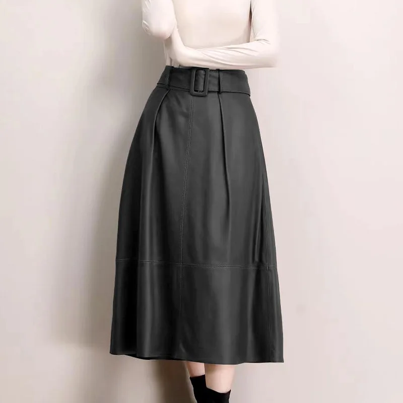 Genuine Leather Half Length Skirt for Women Simple Waistband Tied with Sheepskin Umbrella Skirt