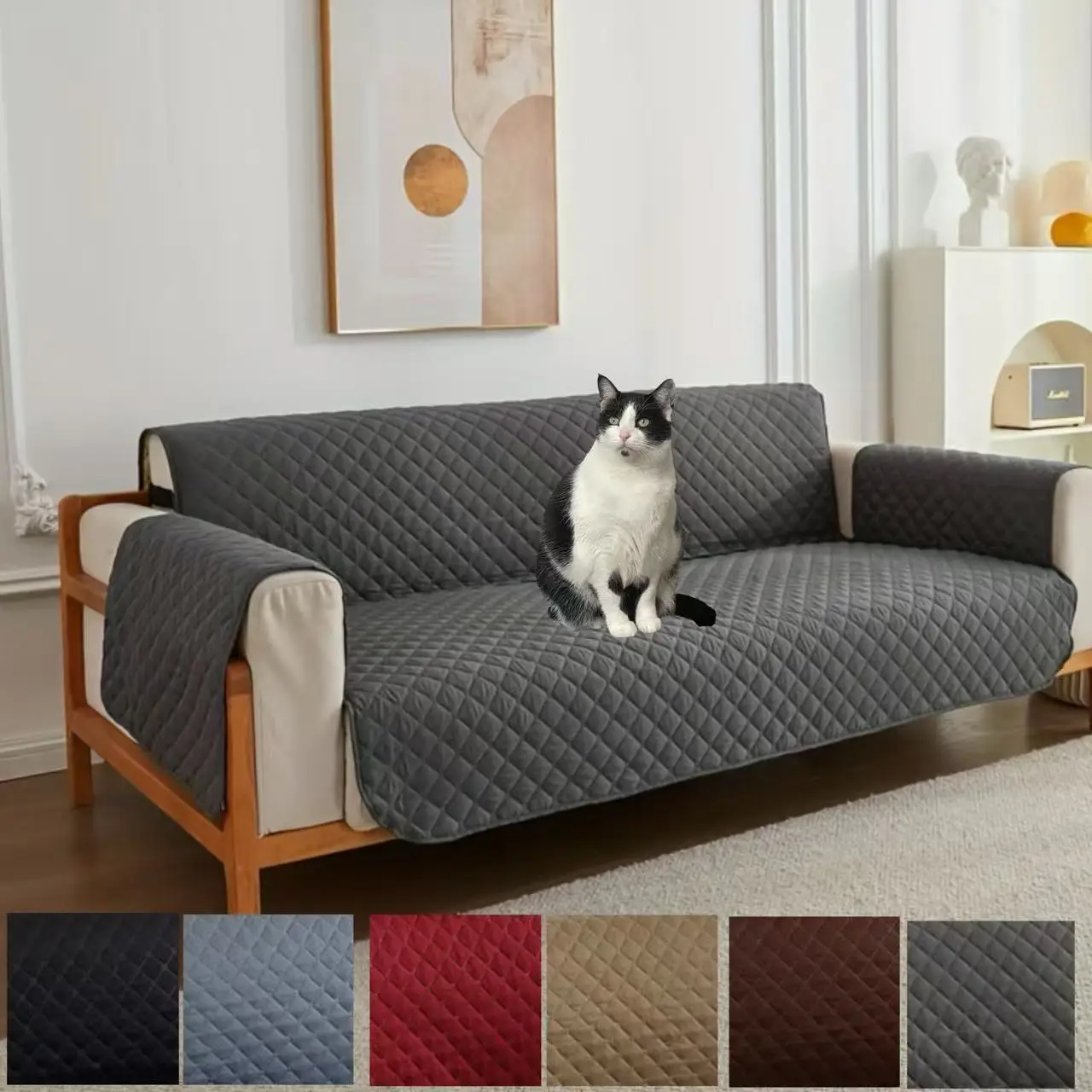 

1Pc Plaid Solid Color Non-Slip Sofa Cushion Pet-Friendly One-Piece Sofa Cover Machine Washable Simple Protective Cover for Living Room and Bedroom, Suitable for All Seasons