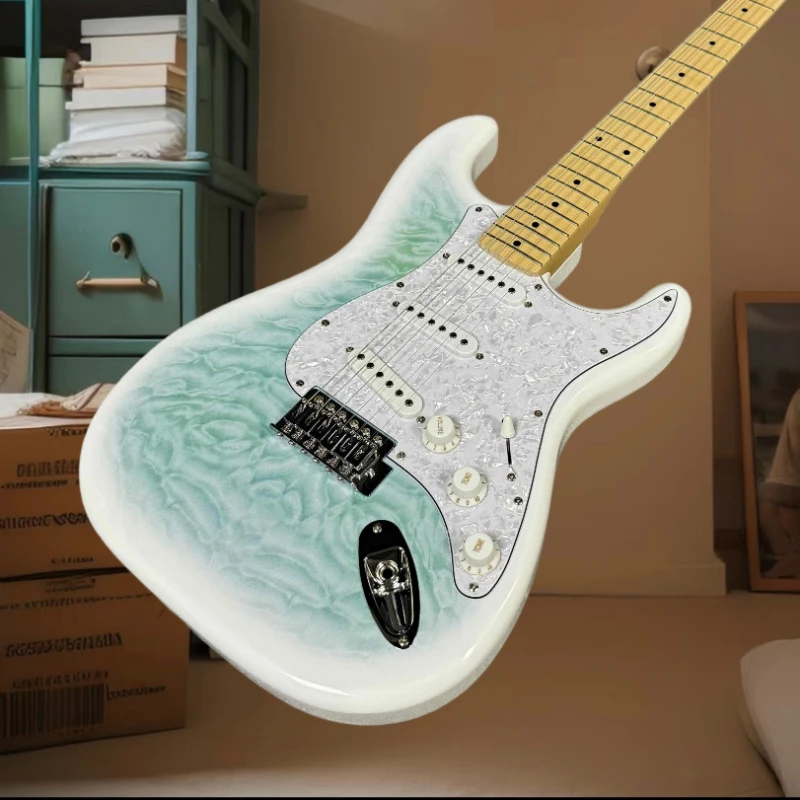 

Бесплатная доставка, 6-струнная электрогитара Water Green STSS, белый перламутровый гриф, кленовый накладной декор, 21 лад, для начинающих и профессионалов