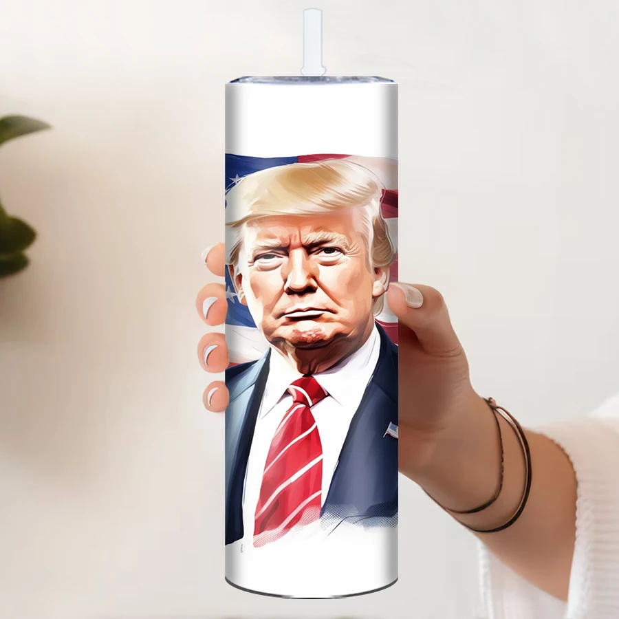 3D Print Trump Fight For USA Straight Cups Straw Lid 1Pc Stainless Steel Outdoor Party Travel Hot Cold Insulated Water Bottle