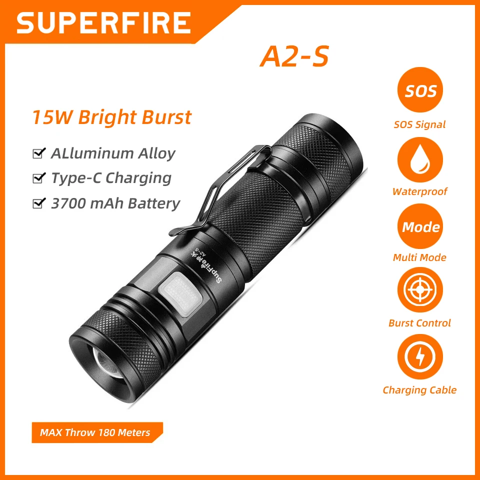 

SUPERFIRE A2-S 15W Ultra Bright LED flashlight Zoomable USB-C Rechargeable Camping Fishing Hunting Lantern Waterproof Torch