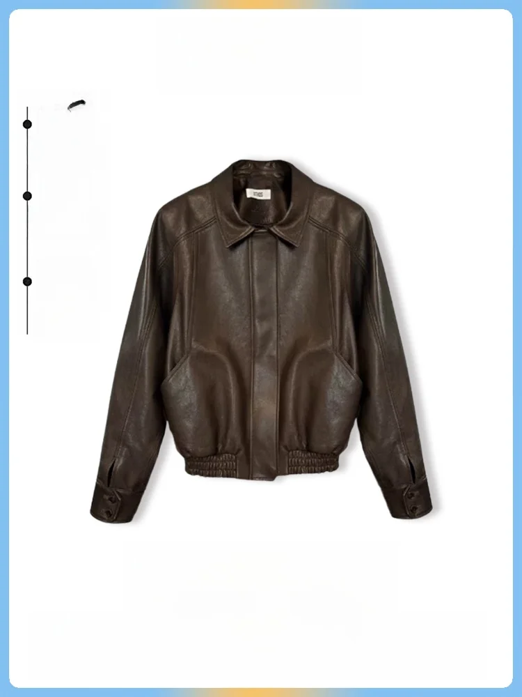 [In Stock] South korea Genuine Goods Ethos New Retro Leather Coat Italy Classic Motorcycle Clothing Lapel Outerwear Women