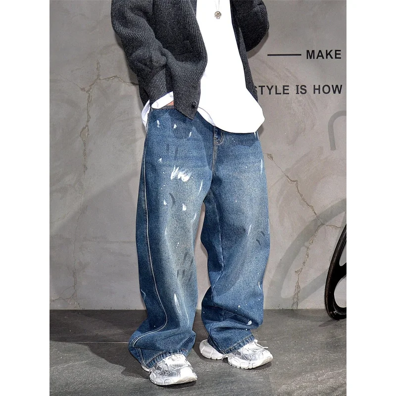 Vibe Paint Splatter Design Loose Straight Wide Leg Jeans, American Streetwear Casual Stacked Long Pants