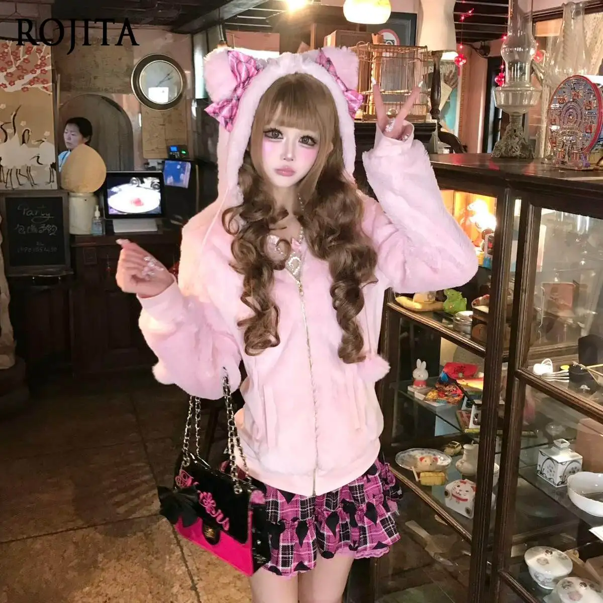 Kawaii Cat Ear Plush Hooded Jacket Women Sweet Pink Faux Fur Coat Plaid Bow Drawstring Harajuku Lolita Casual Winter Outerwear