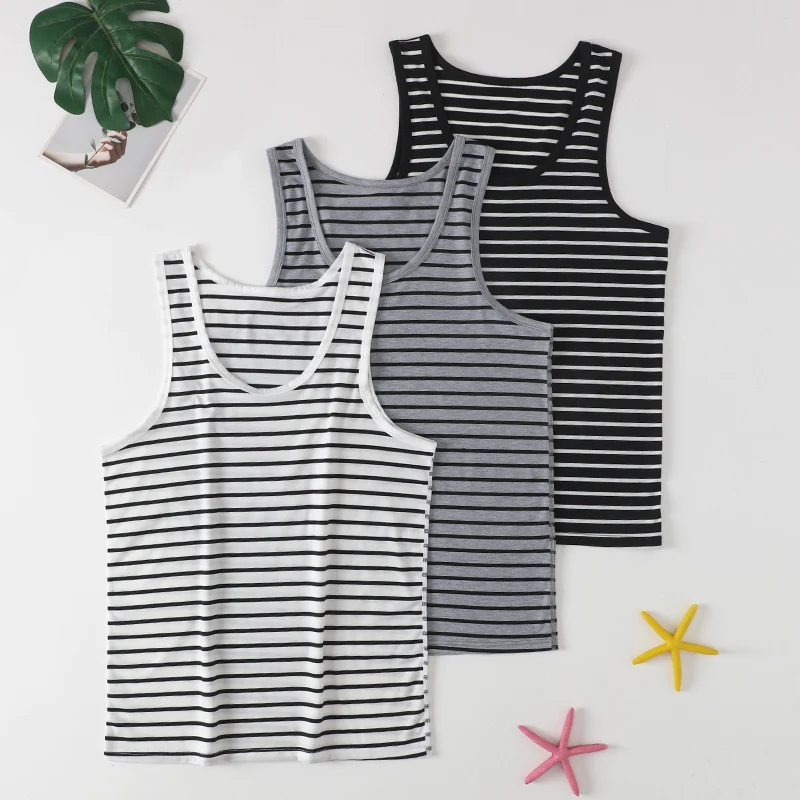 

2/3 Piece Men's Sleeveless Narrow Shoulder Vest Striped Top For Sports And Fitness Comfortable Home Wear Fashionable