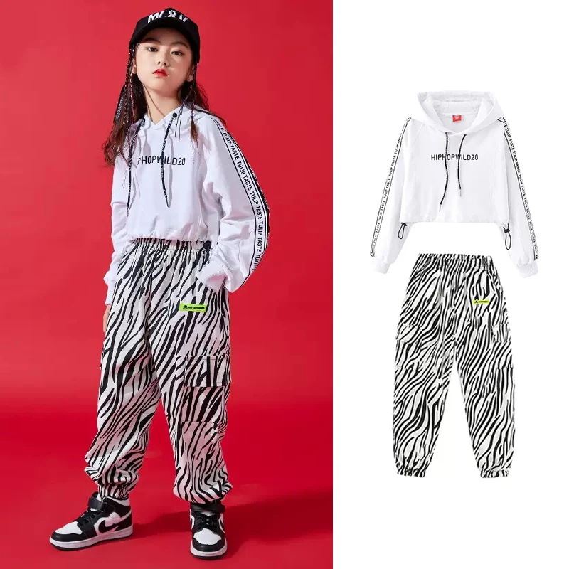 Children Hip Hop Dance Costume Girls Loose Tops Zebra Strips Pants Street Dance Practice Wear Modern Jazz Dancing Outfit DL8476