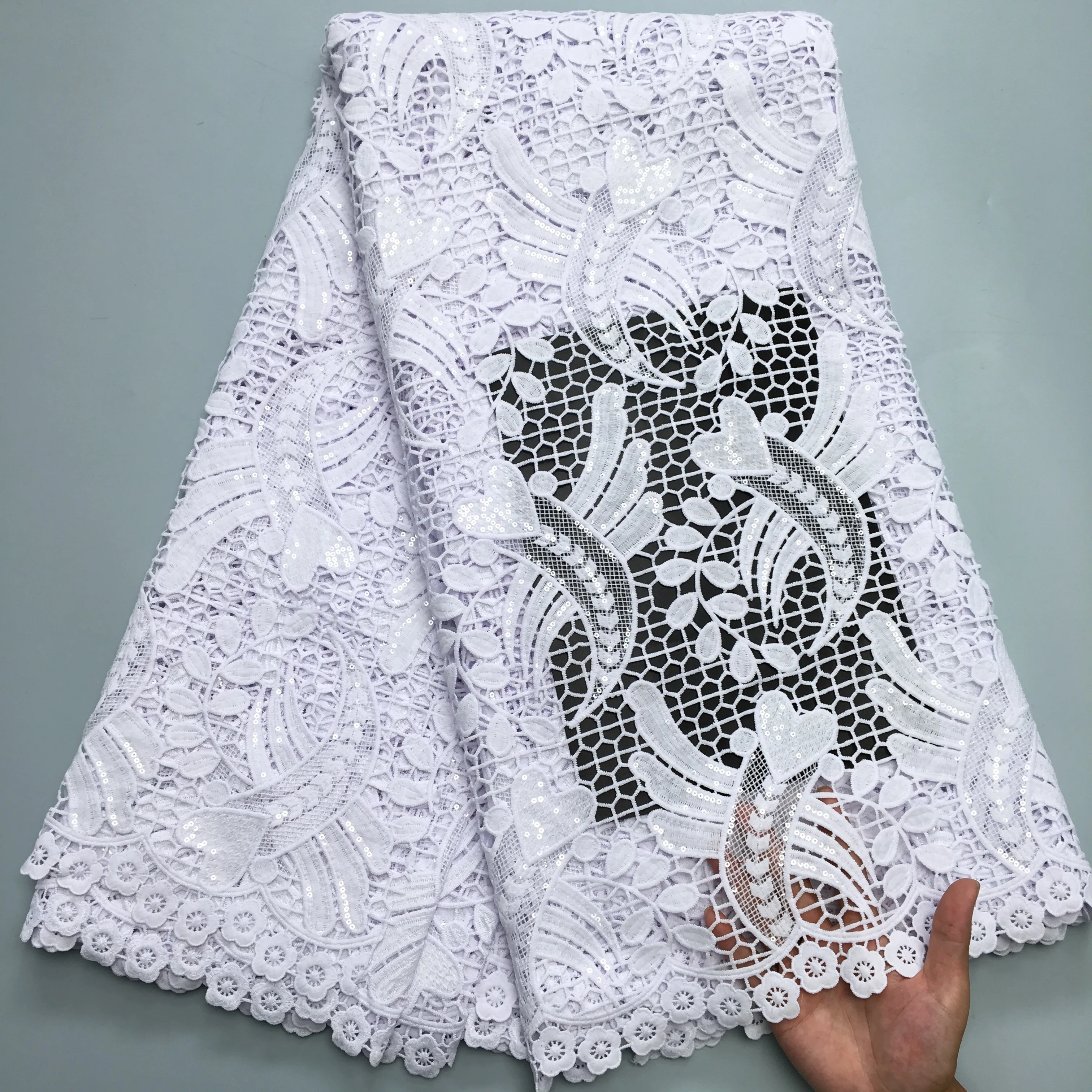 SJD LACE White Guipure Cord Lace Fabric 2024 Latest African Water Soluble Sequins Lace Nigeria Cord For Women Wedding Dress 3903