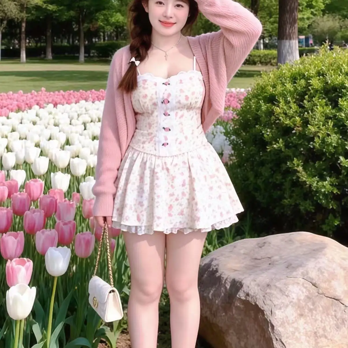 

plus Size Lace Floral Print Double Layered Sweet Summer New Style Cake Skirt Casual Style V-Neck Short Sleeve Women's Dress