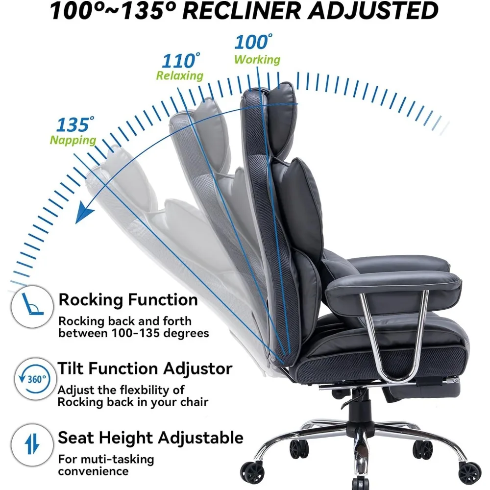 Cadeira de escritório de couro PU com descanso perna e apoio lombar, cadeira grande e alta computador, cadeira executiva, cinza escuro, 400lbs