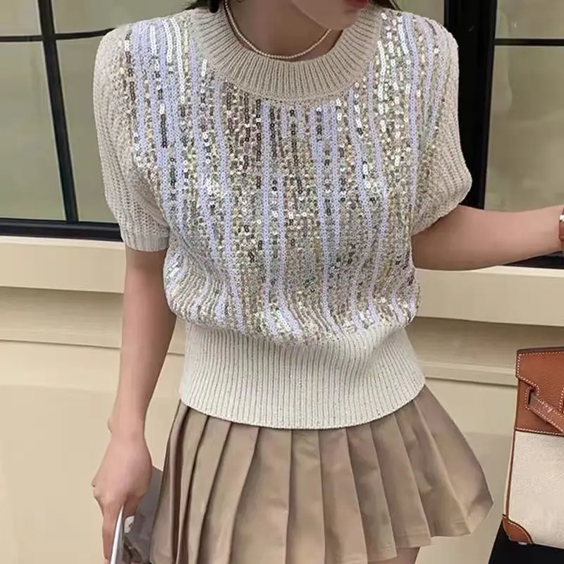 New Slim and Versatile Pullover Women O Neck Cotton Linen Hollow Sequin Knitwear Short Sleeved T Shirt Casual Summer Tops Q903