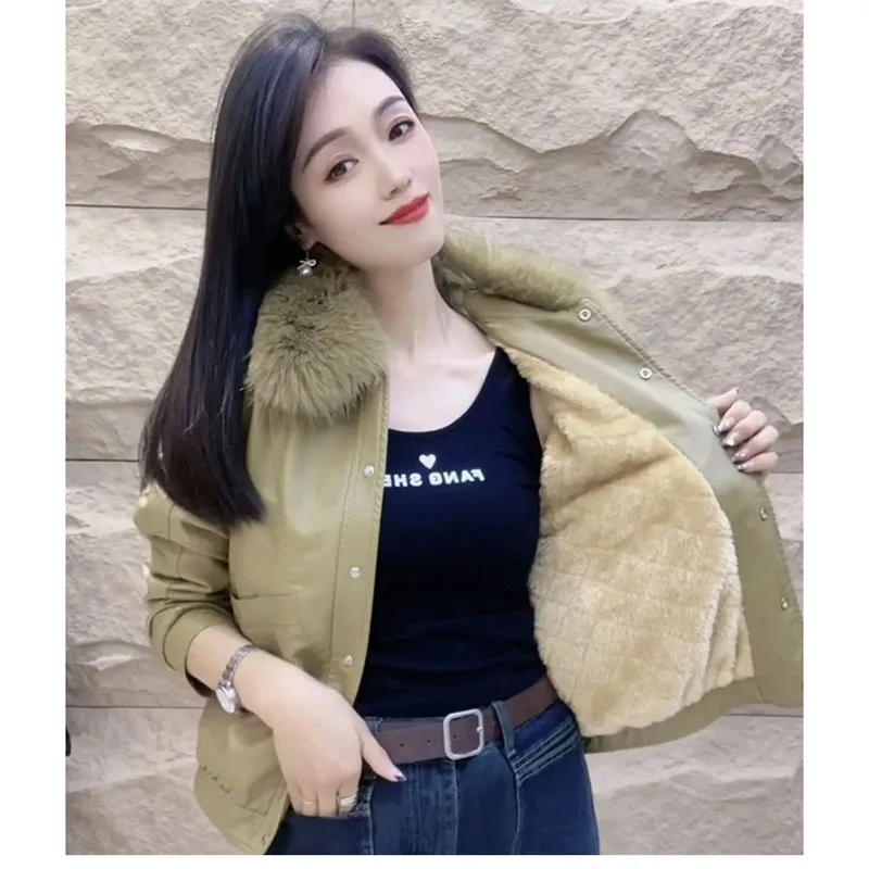 Leather Jacket Add Velvet Thickened Female Protein Leather Jacket 2024 Autumn Winter New Large Fur Collar Warm Temperament Coat