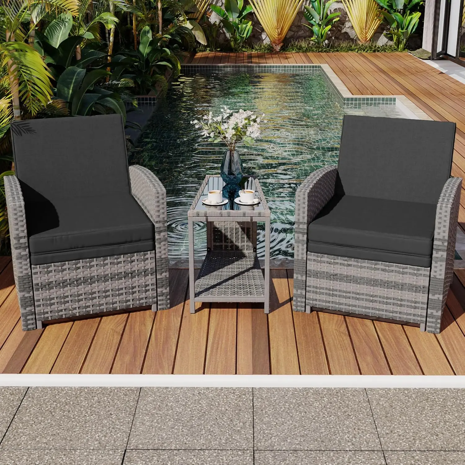 5 Piece Outdoor Patio Furniture Set, Wicker Patio Conversation Set, Outdoor Lounge Chair with Ottomans and Coffee Table