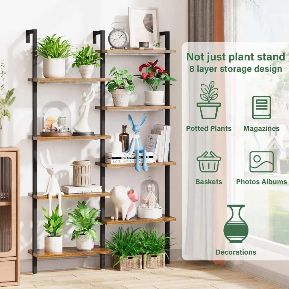 Groot op de muur gemonteerd indoor plantenrek met groeilampen, groot metaal, geschikt voor een verscheidenheid aan kamerplanten, 8-laags, 63 in