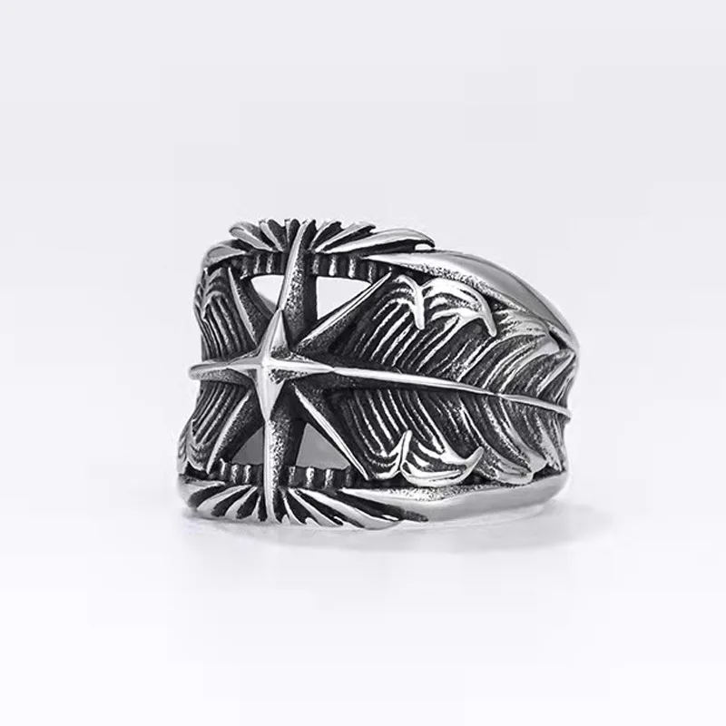

Retro Feather Octagonal Star Ring Men's Trendy Cool Single Finger Ring Hip Hop Punk Personality Dominance Thai Silver Ring