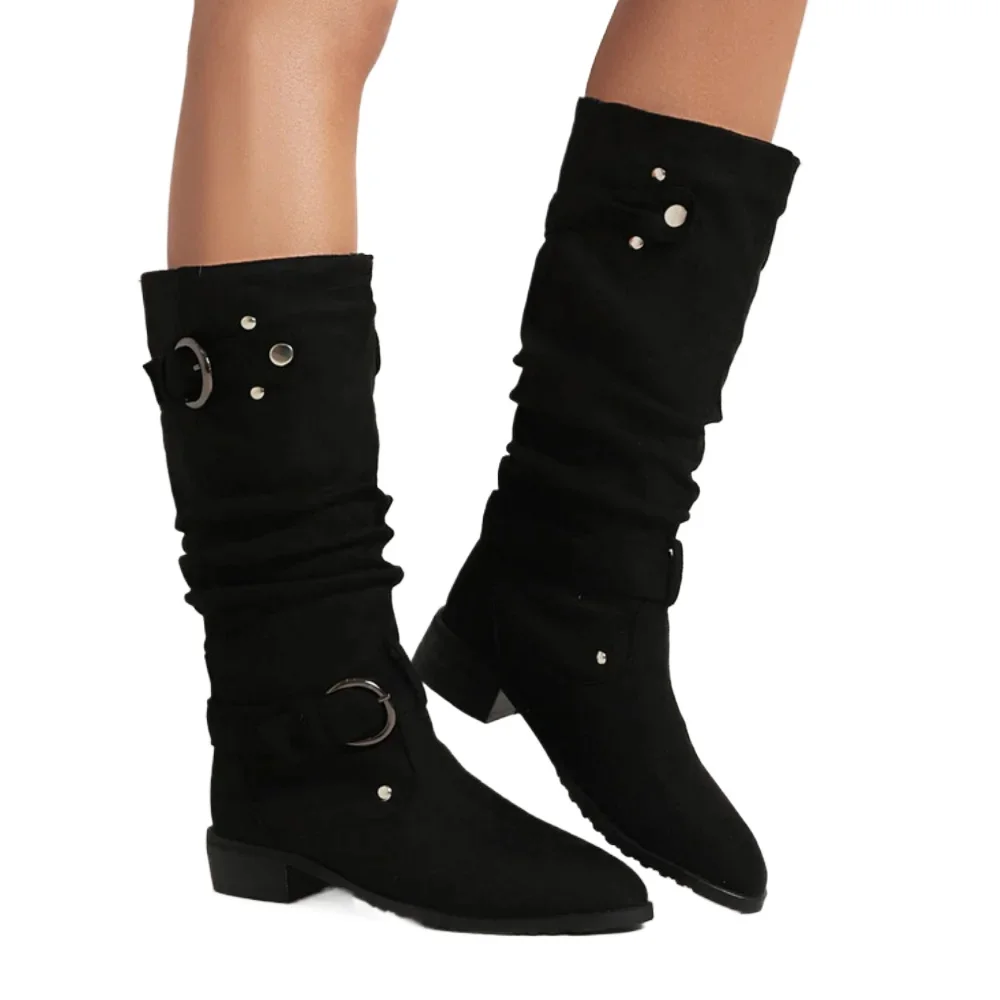 BLXQPYT الركبة أحذية النساء الخريف الشتاء أشار تو فاشون حزام مشبك كعب منخفض الأوسط أنبوب أحذية ركوب الخيل حجم كبير 55 56 57 T999
