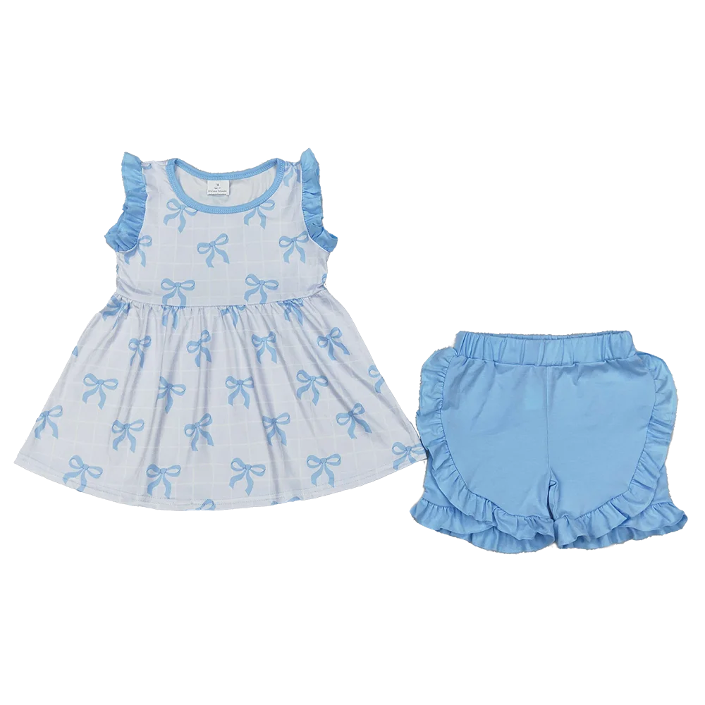 

GSSO2120 Baby Girls Blue Bows Sleeveless Tunic Ruffle Shorts Clothes Sets