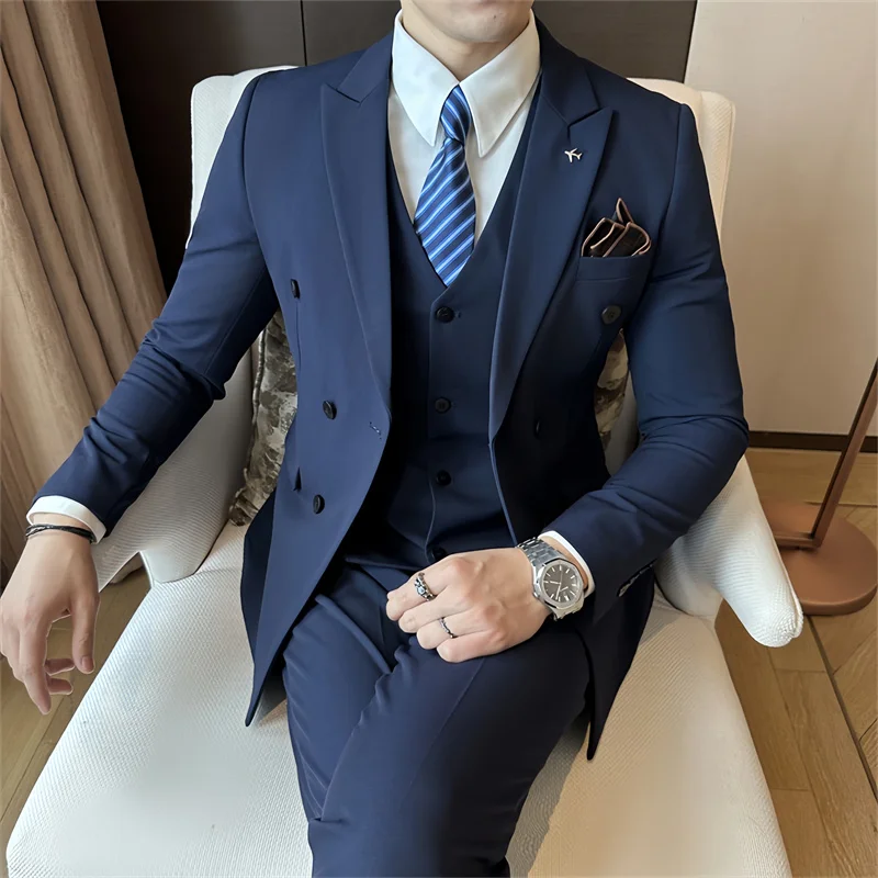 

Peak Lapel Double-Breasted Formal Men's Suit 3-Piece Set Jacket Vest Pants Business Blazer Left Collar Wearable Decorations 2025