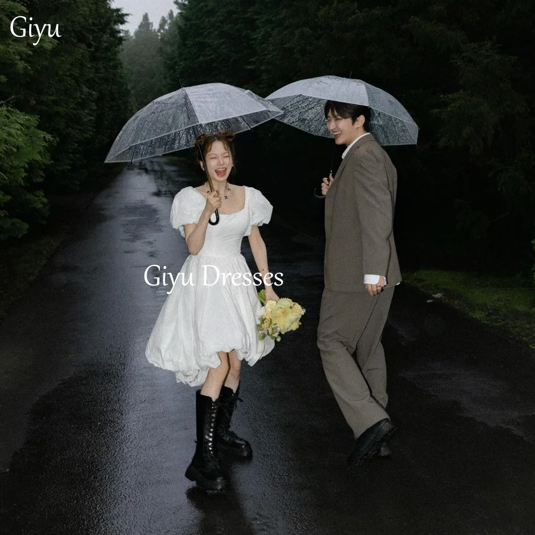 

Giyu Simple White Square Neck Short Wedding Dress Short Sleeve Knee Fold Korean Wedding Photography Bridal Dress 2025 Customized