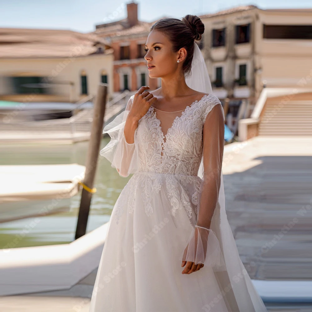 Noble Glitte-Vestidos de Novia de encaje para mujer, traje de novia con escote en V, apliques de línea A, mangas largas, Espalda descubierta, 2024