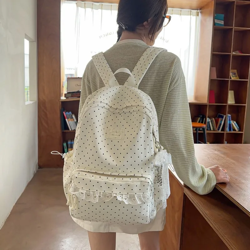 Polka Dot Student Bookbag for Teen Girls Nylon Lace Pendant Cute Multiple Pockets Campus School Style