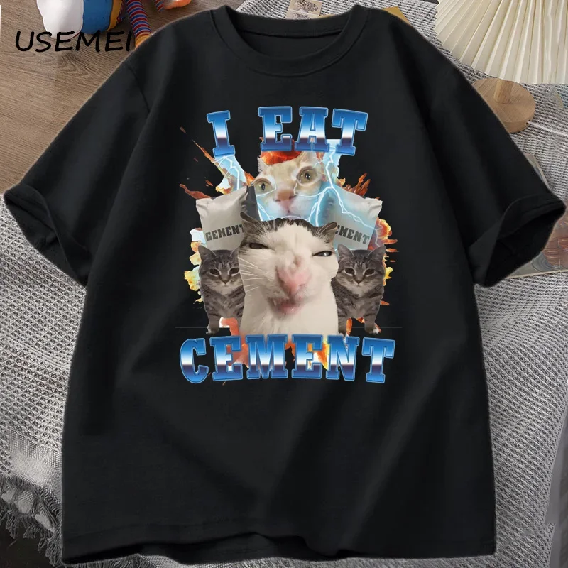 I Eat Cement Funny Cat Meme Tee Shirt Short Sleeve Stupid Ugly Cats Printed T Shirt Casual O Neck Graphic Tees Tees