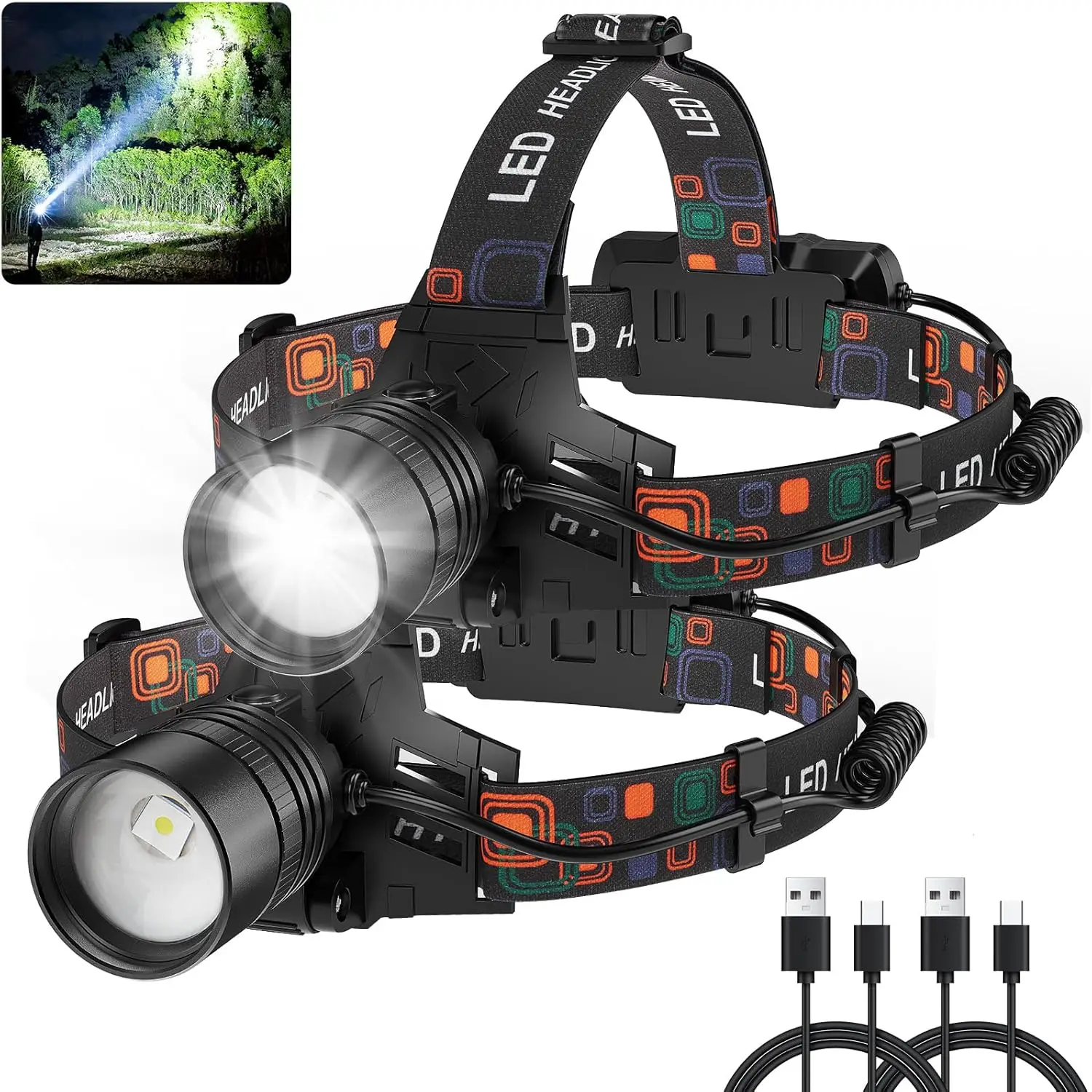 

Rechargeable Headlamp 2-Pack, 99000 Lumens Super Bright LED with 3 Modes, Adjustable & Waterproof for Outdoor Activities