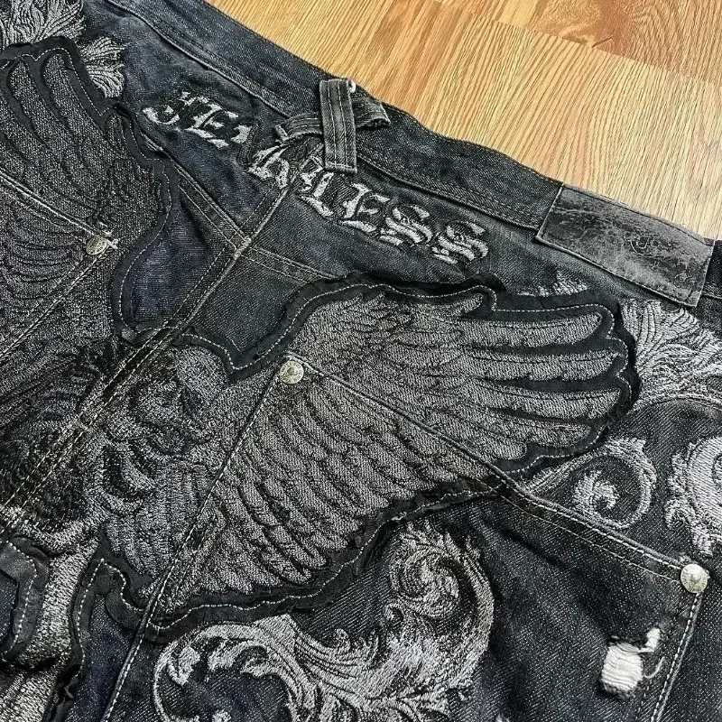 Wings embroidered jeans heavy wash Y2K old American loose 2024 new fashion high street sports retro casual denim trousers