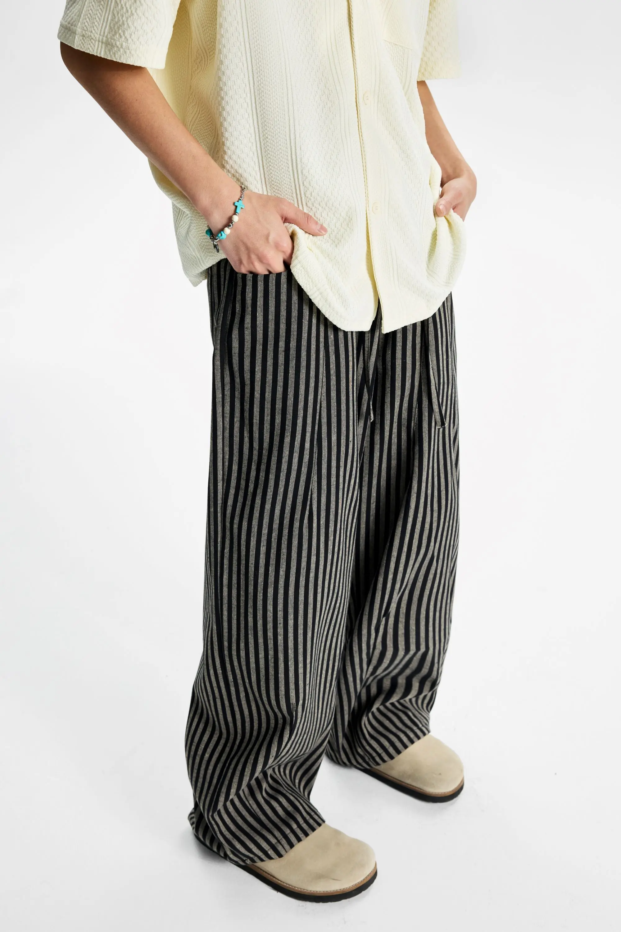 Retro Black Vertical Stripe Casual Pants for Men & Women Loose Fit Straight Leg Trousers with Draping Comfort Unisex Streetwear